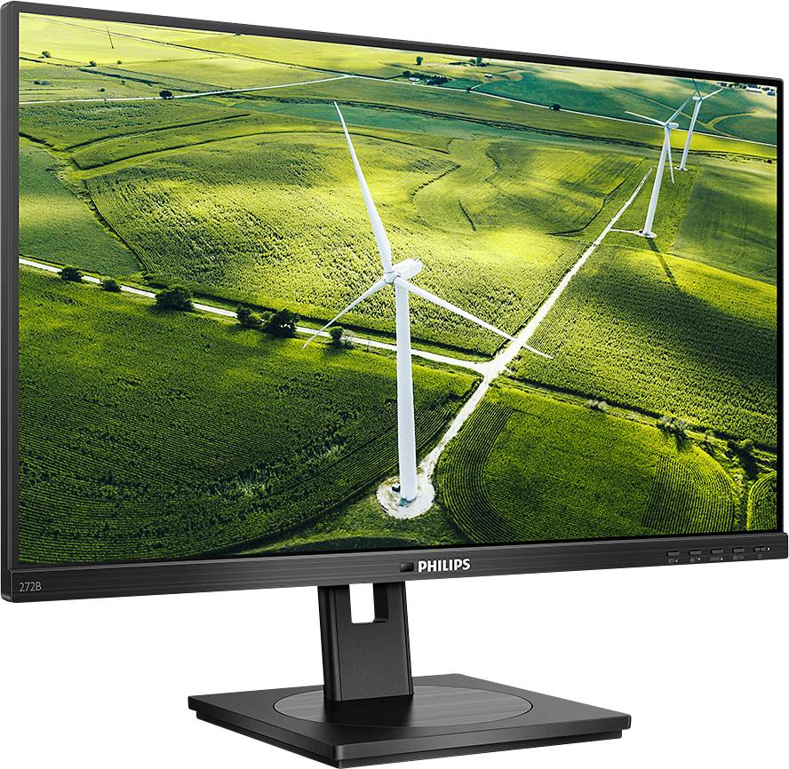 Ein Computerbildschirm zeigt ein Bild mit Windkraftanlagen auf grünen Feldern, was auf erneuerbare Energien und Nachhaltigkeit hinweist.