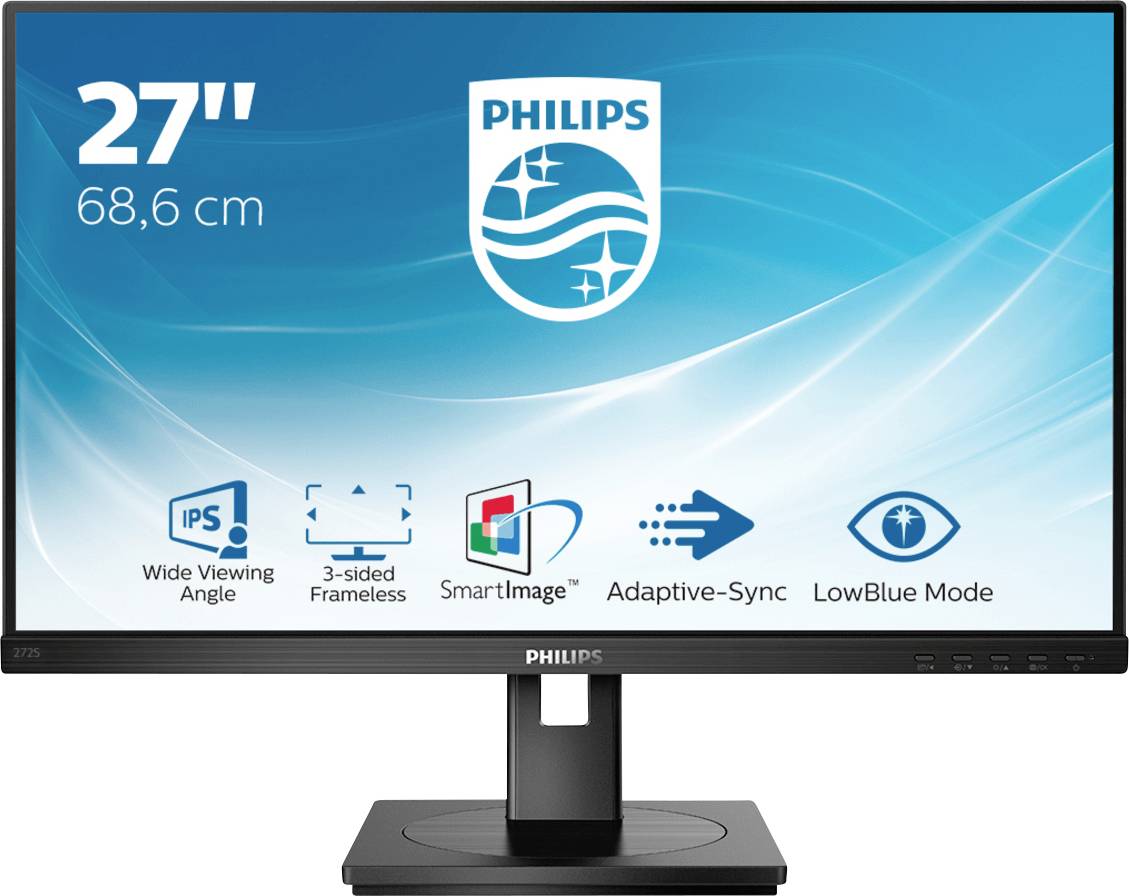 Philips Monitor, 27 Zoll, rahmenlos, mit Funktionen wie IPS, SmartImage, Adaptive-Sync und LowBlue Mode angezeigt.