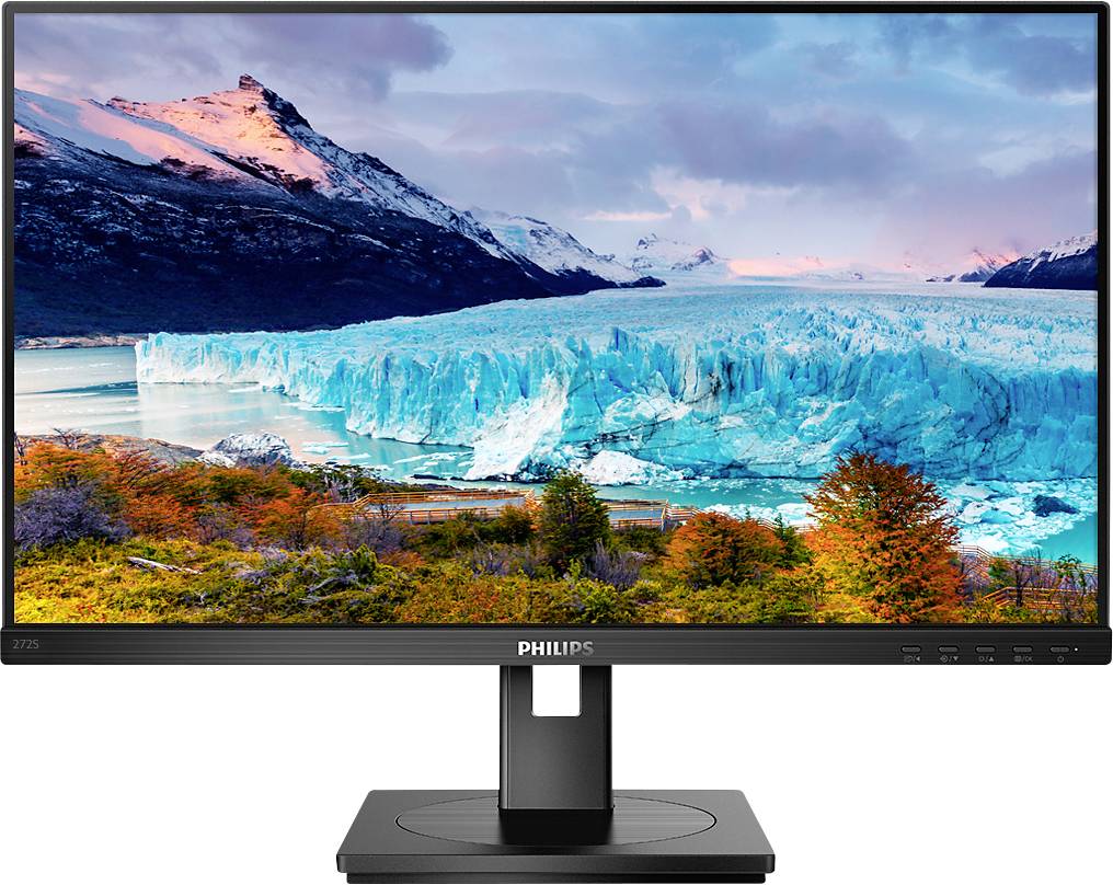 Ein Monitor mit einer Anzeige eines atemberaubenden Berg- und Gletscherpanoramas unter einem blauen Himmel.