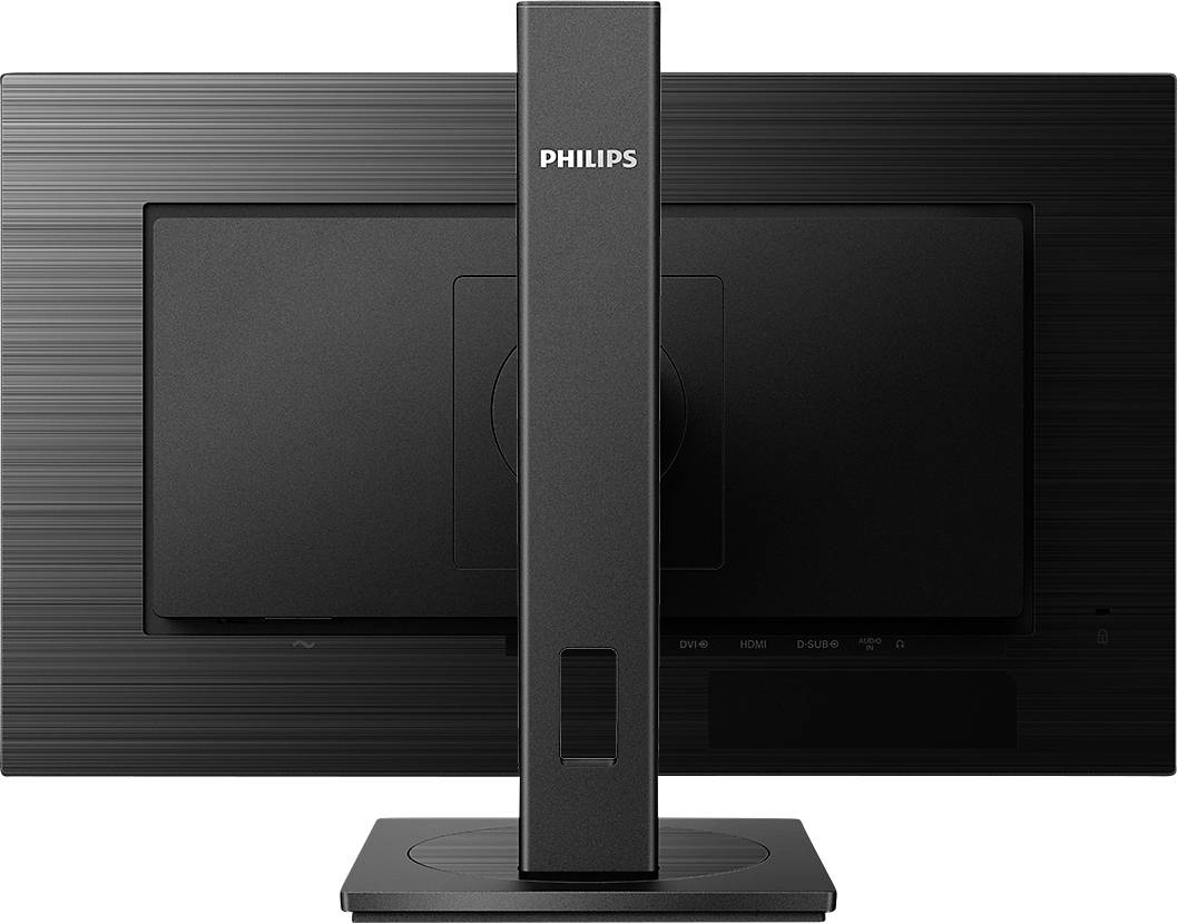 Rückseite eines schwarzen Computerbildschirms. Der Ständer trägt den Markennamen 'Philips'.