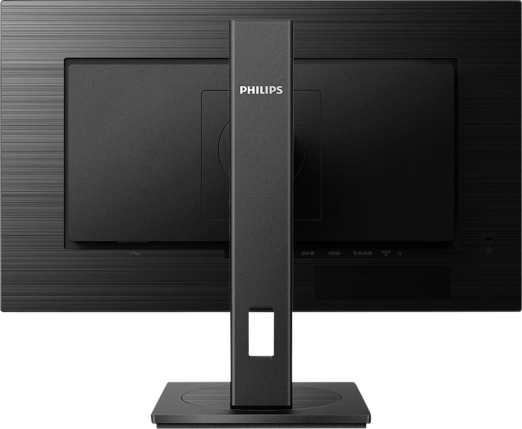 Ein schwarzer Philips-Monitor, Rückseite. Ein rechteckiger Fuß trägt den Bildschirm; das Firmenlogo 'PHILIPS' ist oben auf dem Ständer.