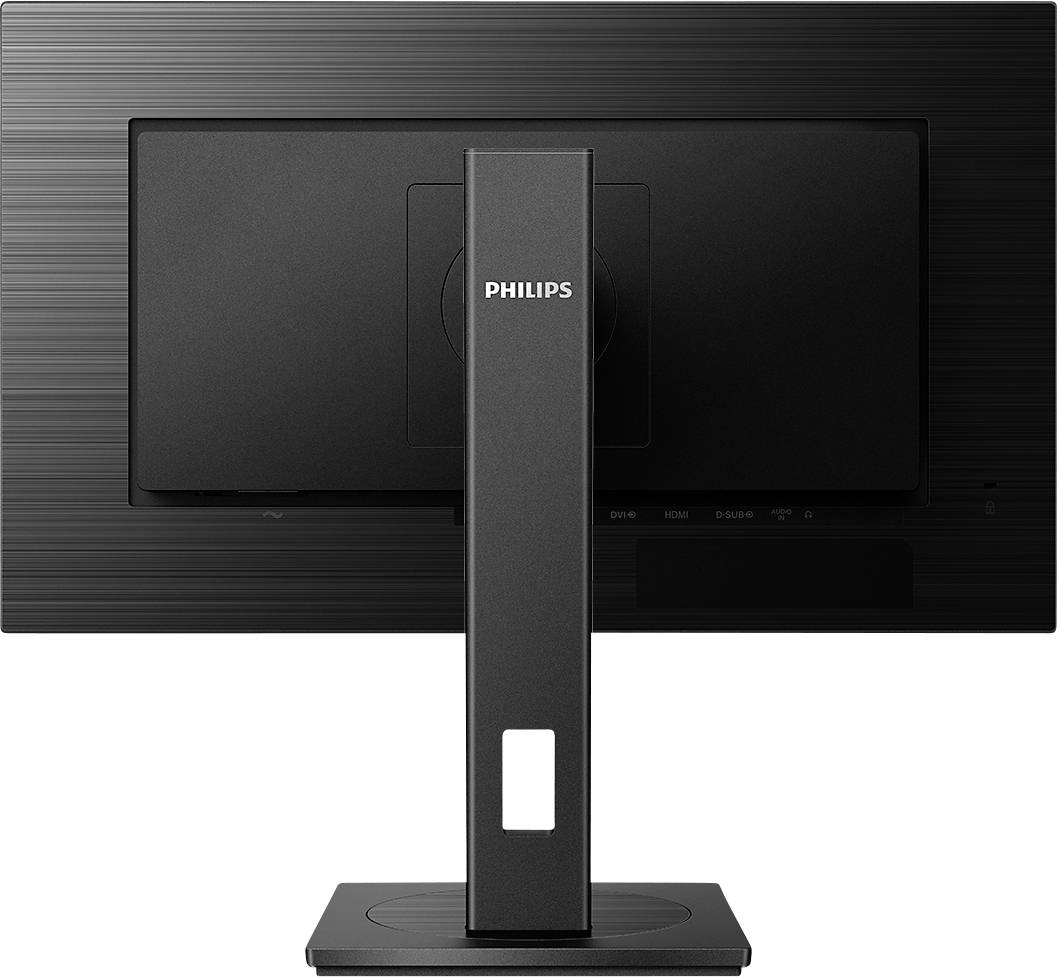 Rückansicht eines schwarzen Philips-Monitors mit rechteckigem Standfuß und vertikalem Halterungsschacht.