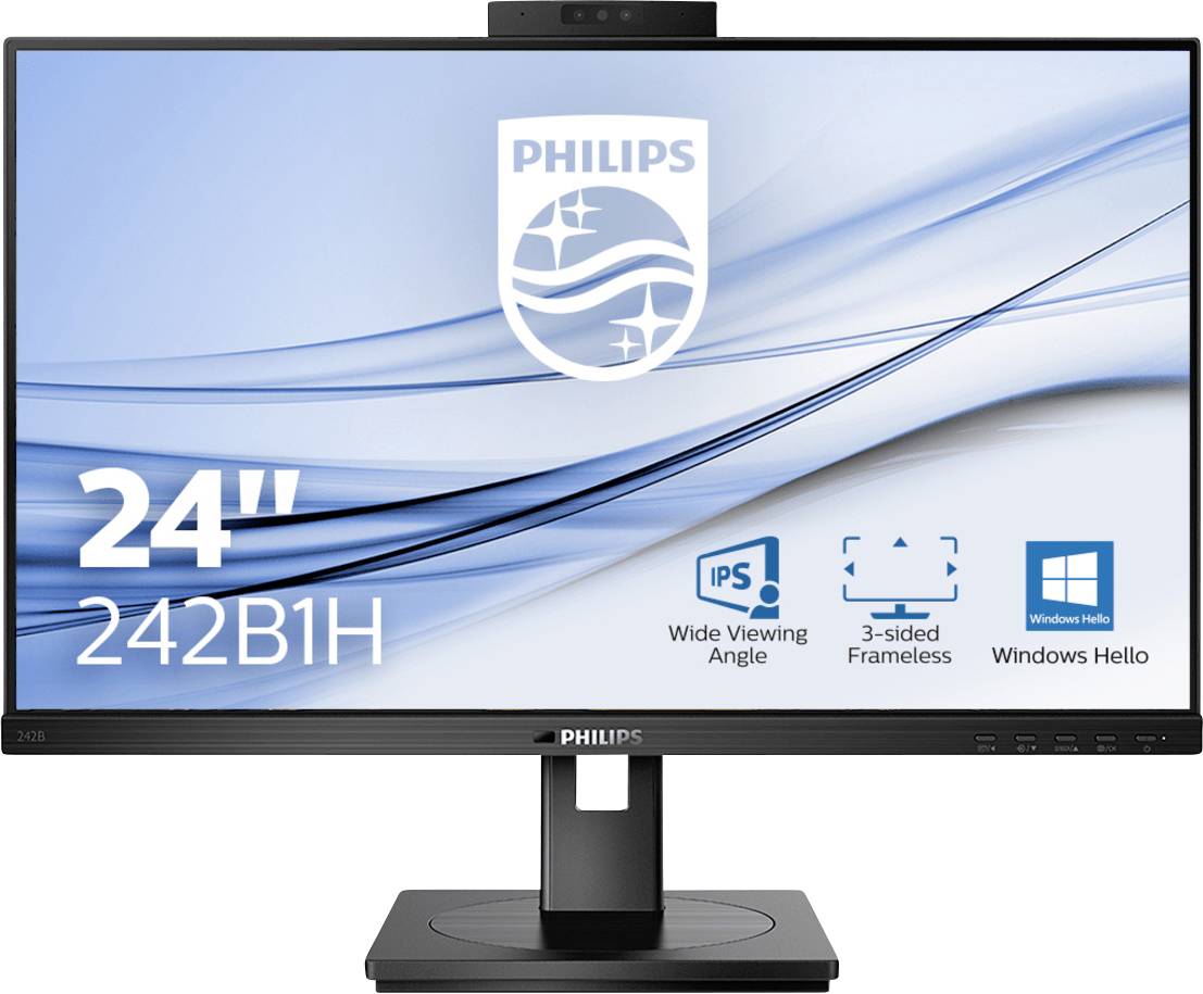 Philips 24-Zoll-Monitor mit Modellnummer 242B1H, IPS-Technologie, rahmenlosem Design und Windows-Hello-Unterstützung.