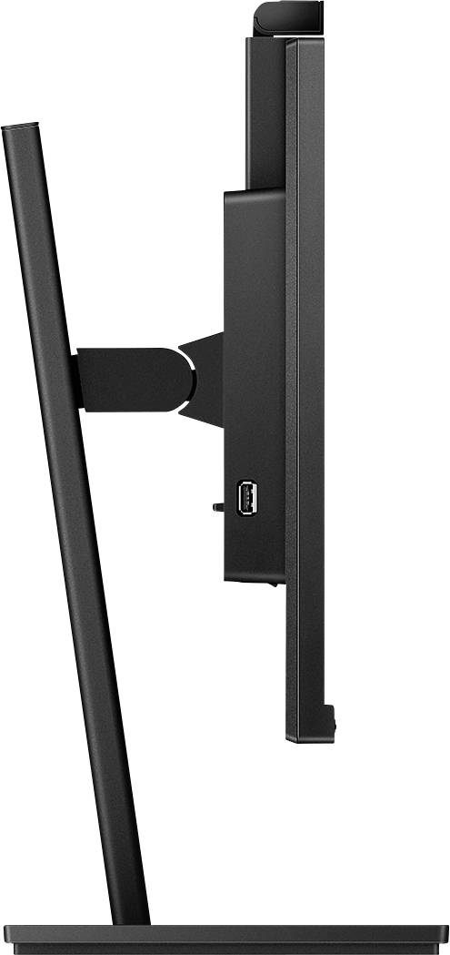 Ein seitliches Profil eines dünnen Computermonitors in Schwarz, aufrecht auf einem Standfuß stehend.