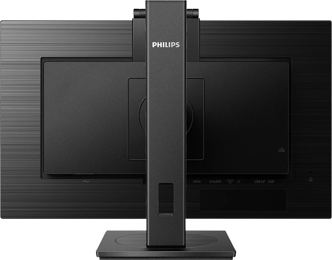 Der Monitor zeigt die Rückansicht eines schwarzen Philips Bildschirms mit höhenverstellbarem Standfuß.