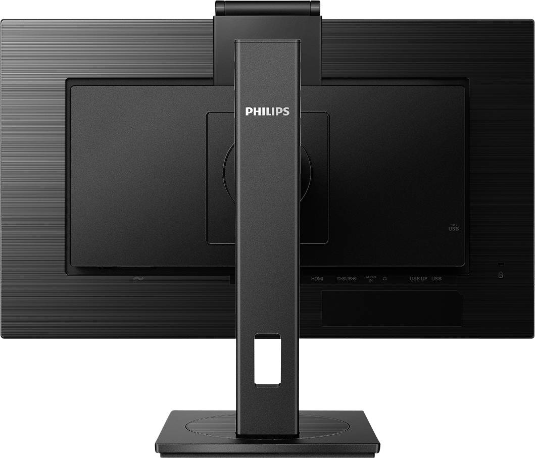 Rückansicht eines schwarzen Philips-Monitors mit Standfuß.