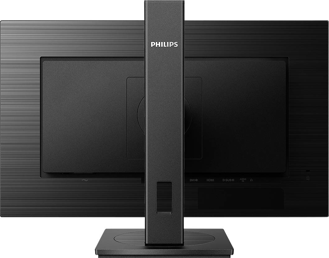 Rückseite eines Flachbildschirms mit einem schlanken, eleganten Standfuß. Der Monitor trägt das Logo 'Philips'.