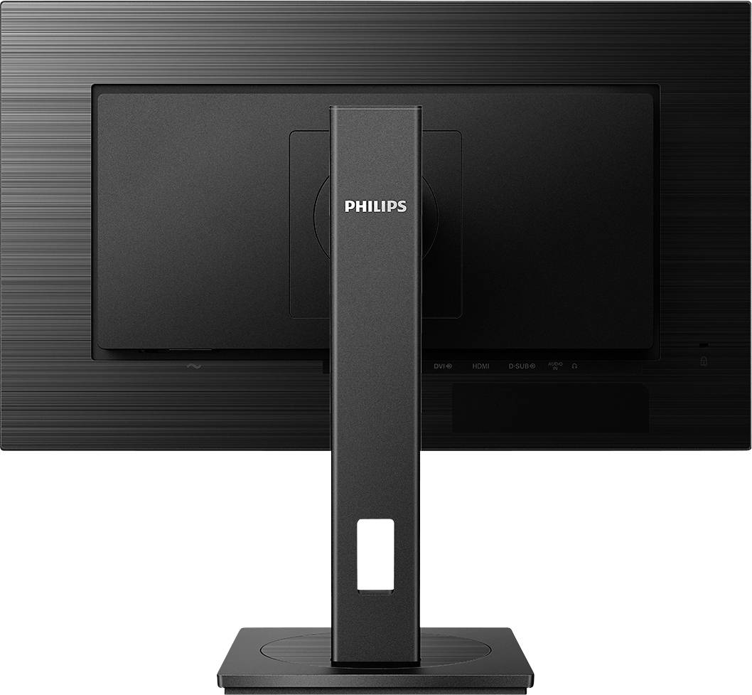 Der Monitor zeigt die Rückseite eines Philips-Bildschirms mit einem stabilen Standfuß, schwarzem Gehäuse und Firmenlogo.