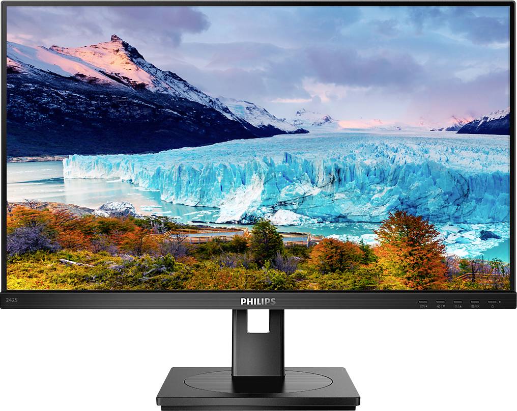 Ein Monitor von Philips zeigt eine Landschaft mit einem schneebedeckten Berg und einem Gletscher über einem bewaldeten Ufer bei Sonnenuntergang.