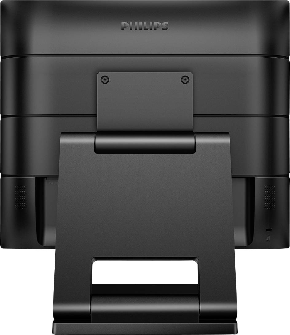 Ein schwarzer Philips-Monitor von hinten, zeigt den Standfuß und die Lüftungsschlitze.