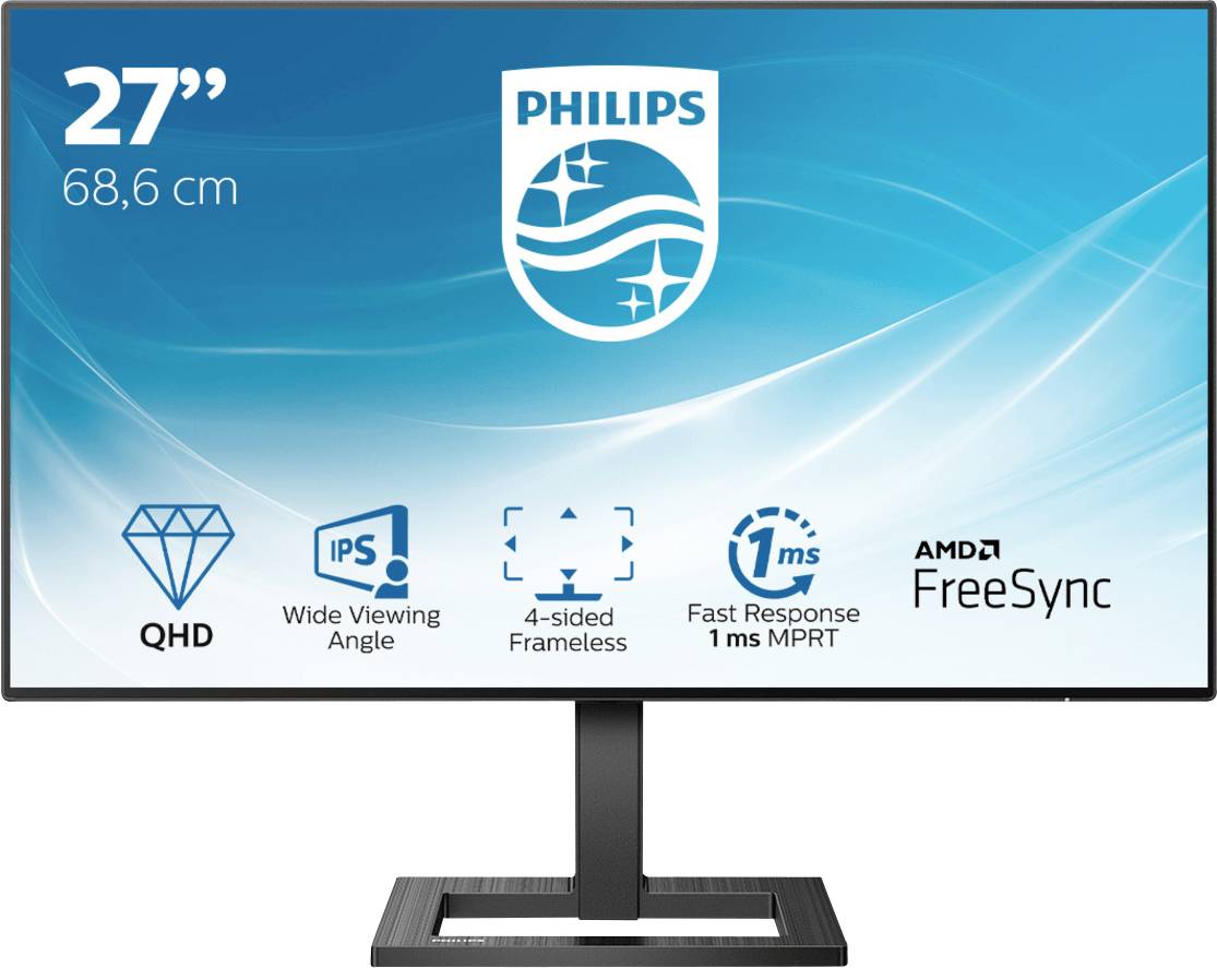 Monitor mit 27 Zoll (68,6 cm) Bildschirm, QHD-Auflösung, 4-seitigem randlosem Design, 1 ms Reaktionszeit. Markenname und Typ auf dem Display.