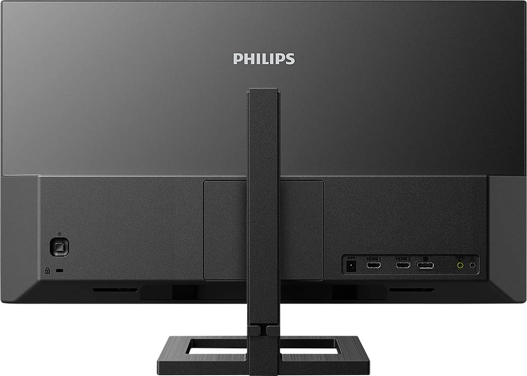 Rückansicht eines Philips-Monitors mit HDMI- und DisplayPort-Anschlüssen, Netzanschluss, und Kopfhörerbuchse, auf einem Ständer.