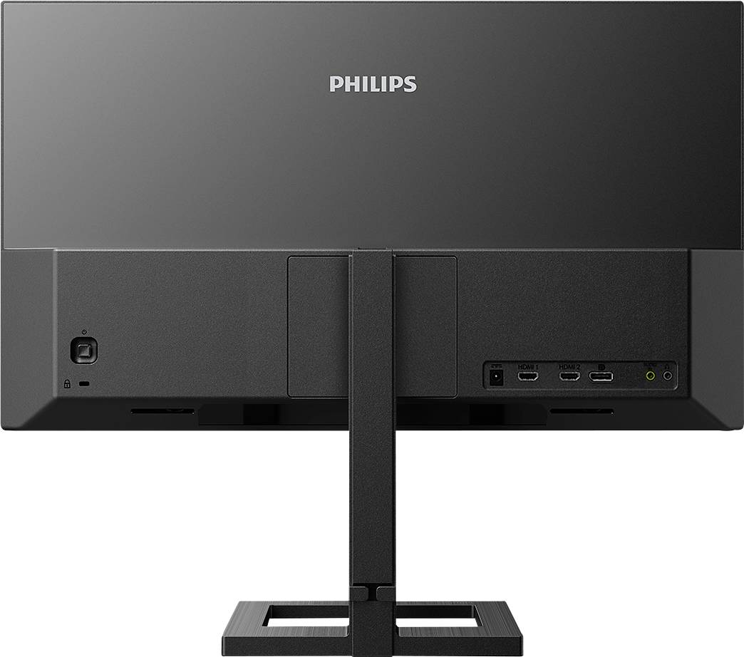 Rückansicht eines Philips Monitors, zeigt Anschlussmöglichkeiten wie HDMI und DisplayPort sowie ein Netzkabelanschluss.