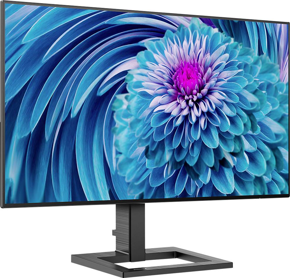 Ein Computerbildschirm zeigt eine detaillierte Nahaufnahme einer blauen Blume mit einem pinken Zentrum, die abstrahiert wirkt.