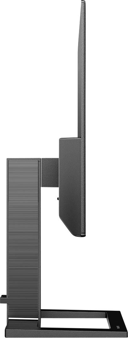 Profilansicht eines modernen, dünnen Computermonitors auf einem rechteckigen Standfuß.