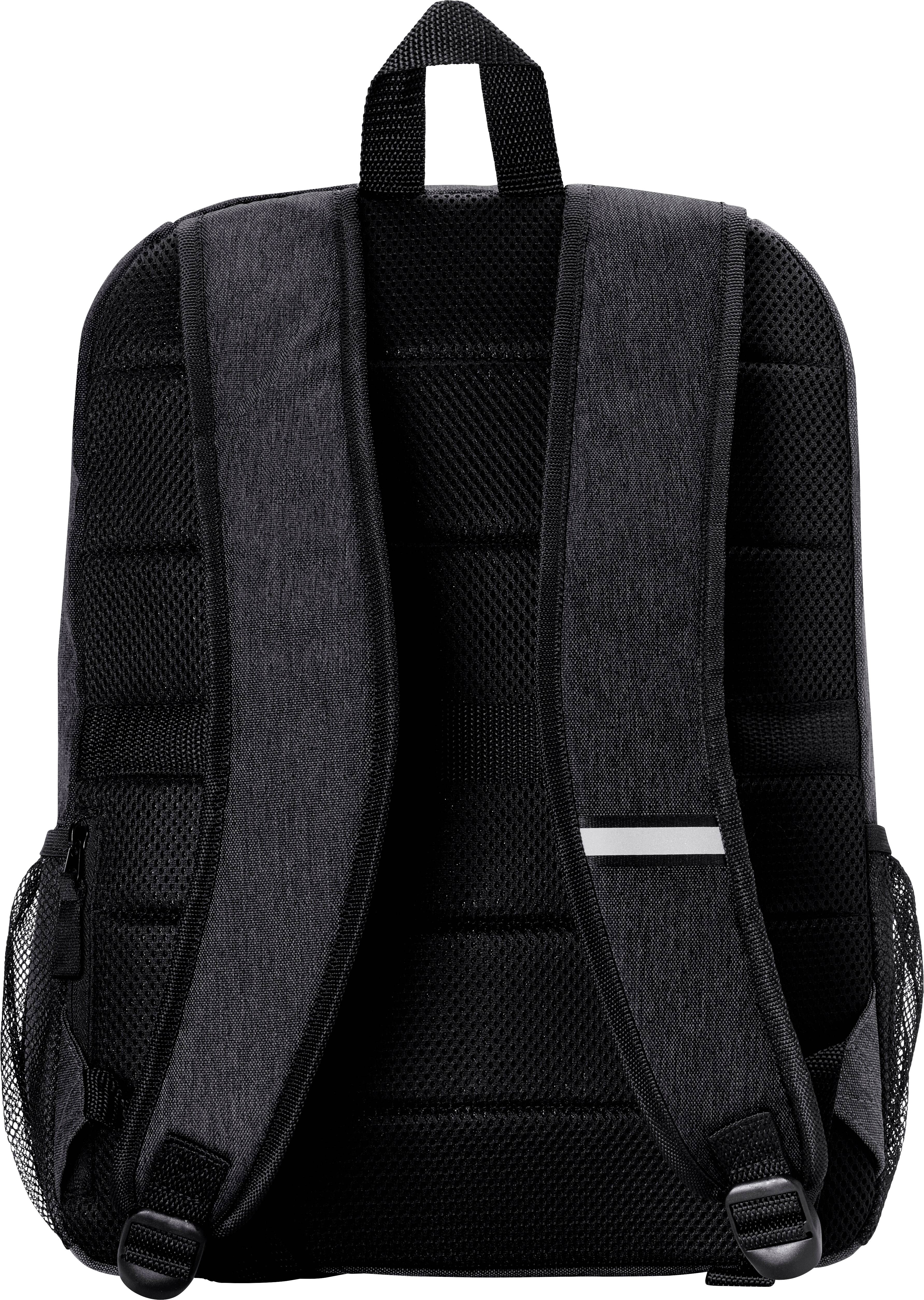Ein schwarzer Rucksack mit zwei gepolsterten Trägern und seitlichen Netztaschen. Rückseite und Gurte sind gepolstert für Komfort.