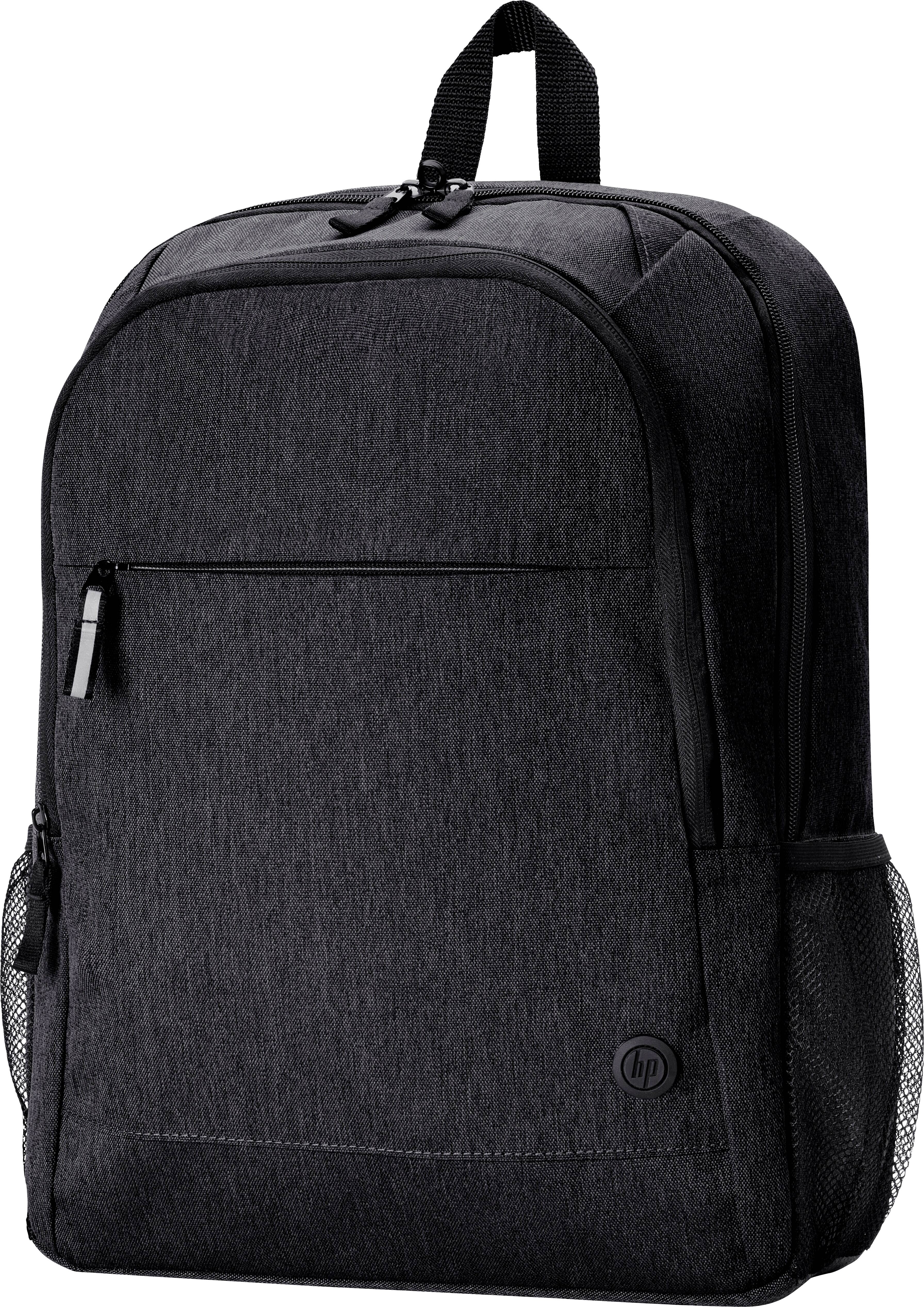 Ein schwarzer Rucksack mit mehreren Fächern und Mesh-Seitentaschen, geeignet für den täglichen Gebrauch oder das Tragen eines Laptops.