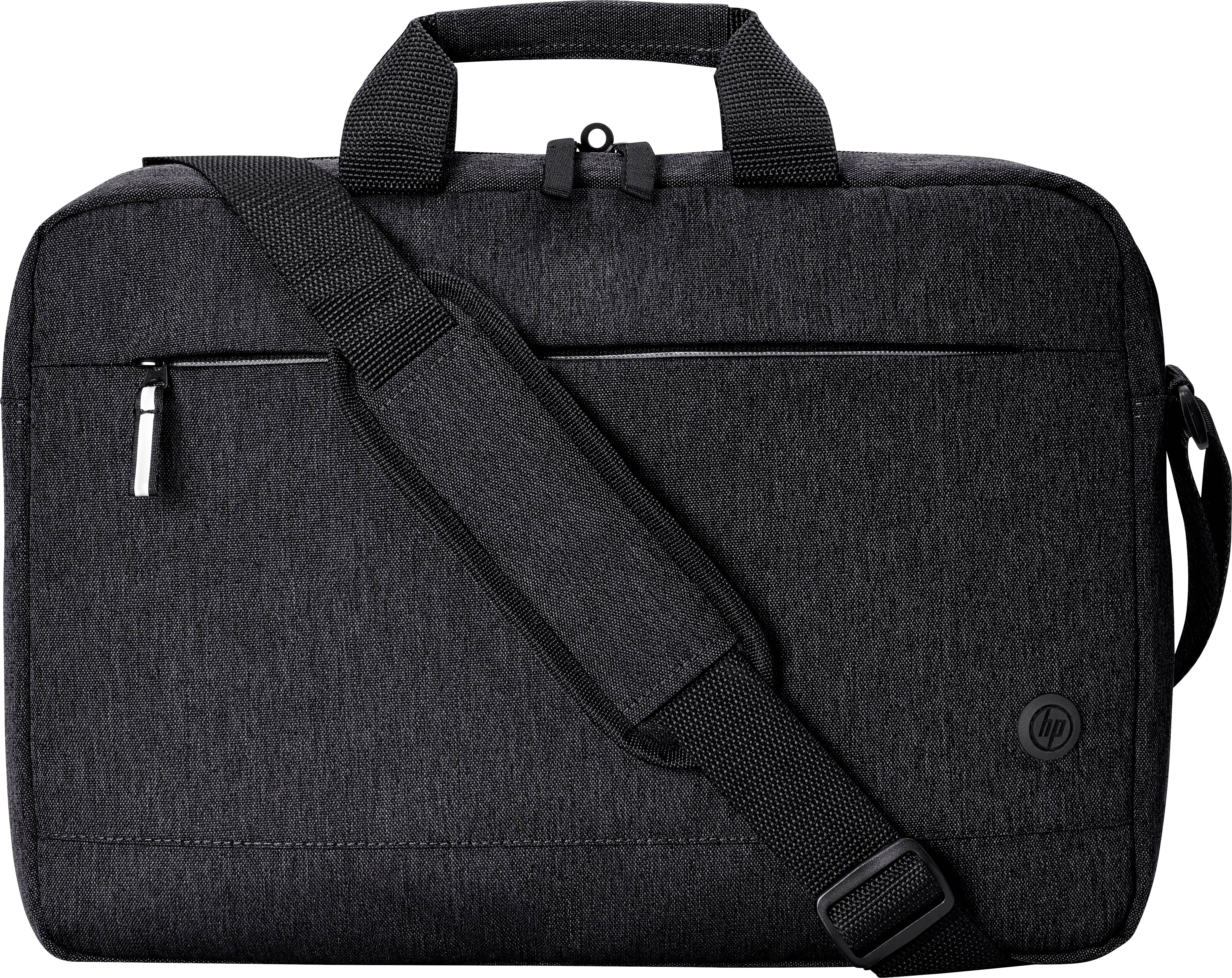 Schwarze Laptop-Tasche mit Schultergurt und Reißverschlussfach vorne, geeignet für den Transport von elektronischen Geräten.