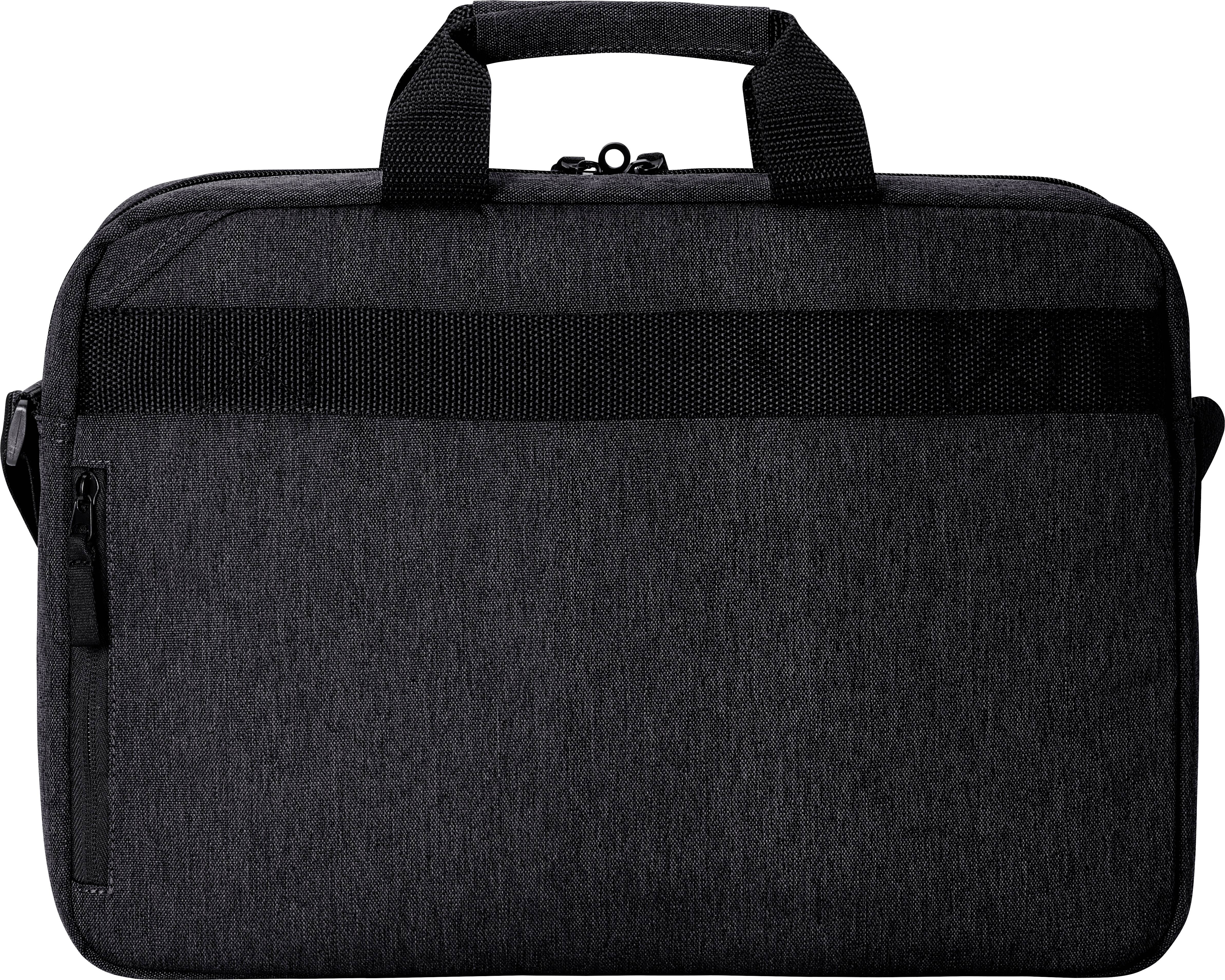 Eine schwarze Laptop-Tasche mit einem Reißverschluss oben und einem Tragegriff. Sie hat auch eine Seitentasche mit Reißverschluss.