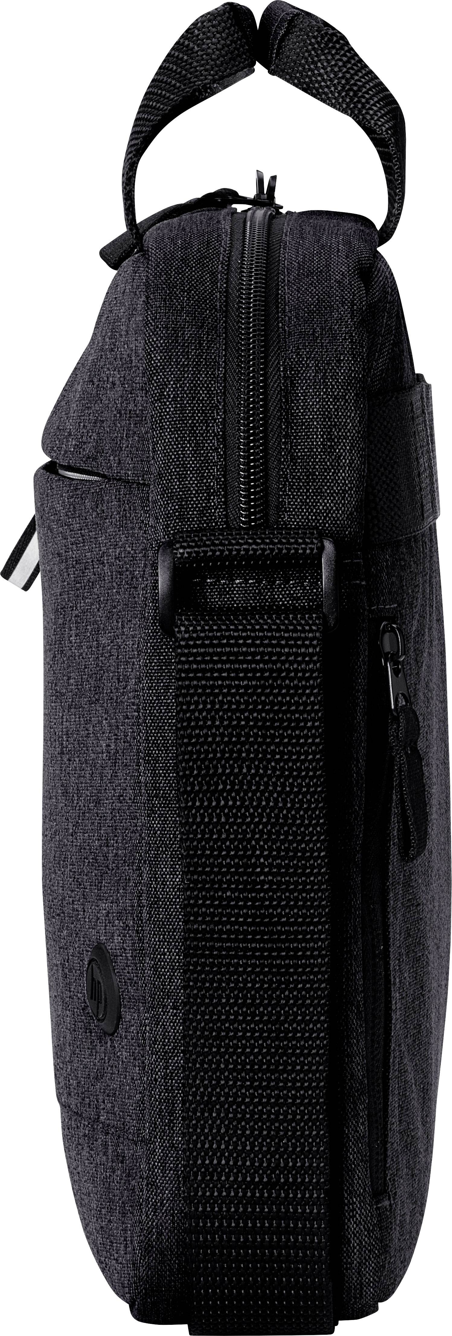 Schwarze Schultertasche im Profilansicht mit Reißverschluss oben, einem Griff und einem Schulterriemen an der Seite.