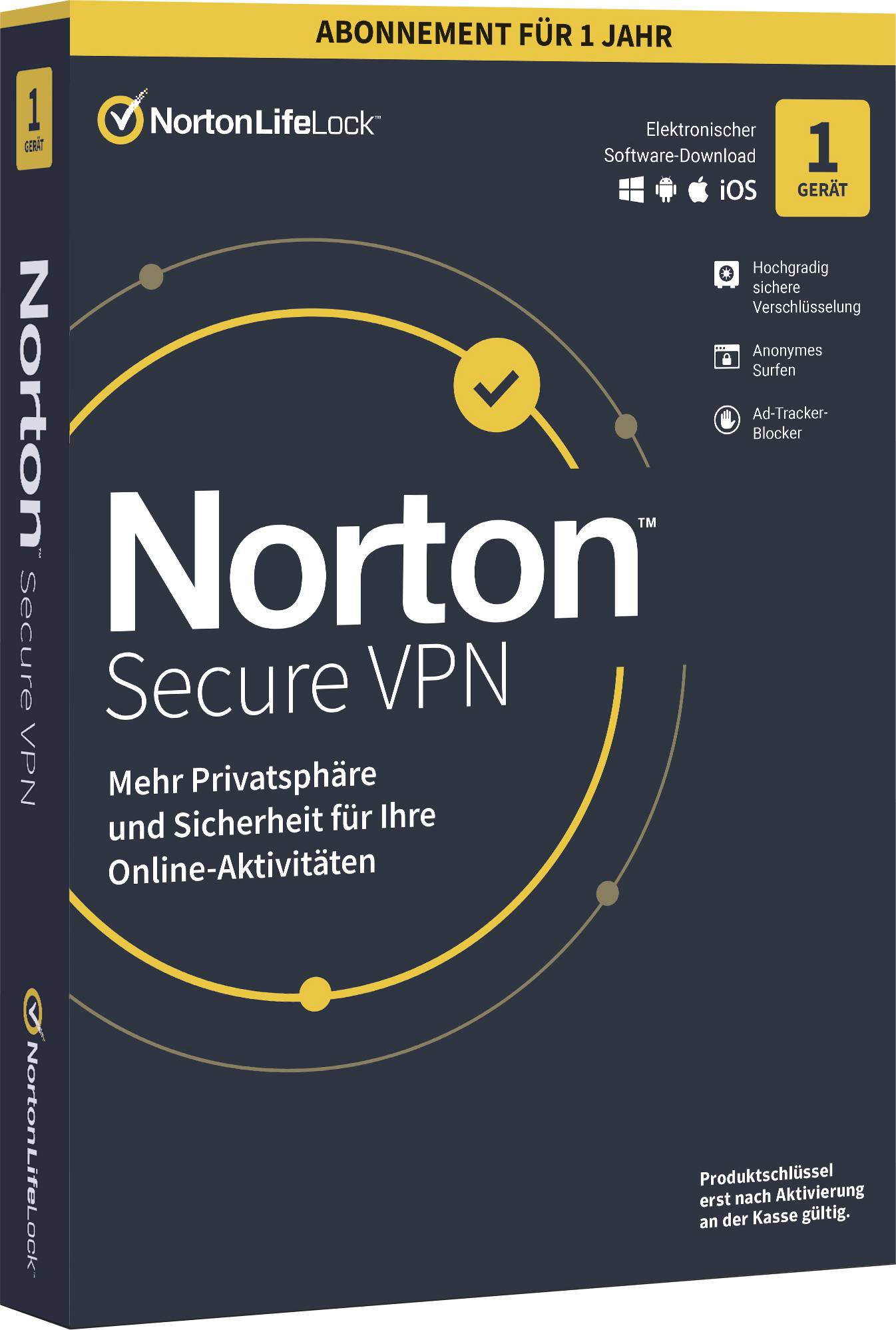 'Norton Secure VPN' Box, Abonnement für 1 Jahr; bietet mehr Privatsphäre und Sicherheit für Online-Aktivitäten; elektronischer Download.
