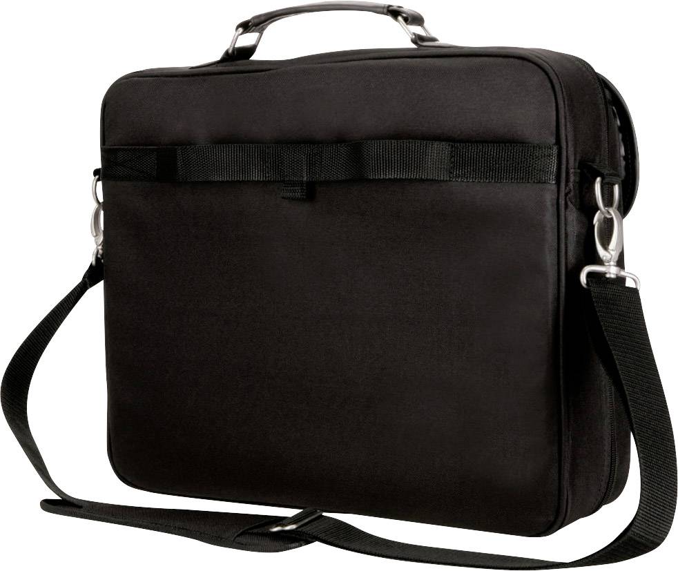Eine schwarze Laptop-Tasche mit Griff und Schulterriemen.
