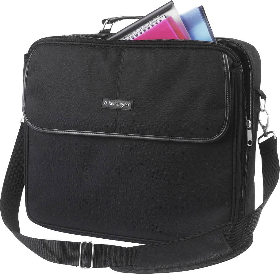 Schwarze Laptoptasche mit Schultergurt, enthält bunte Ordner. Ideal für Büro oder Reisen.