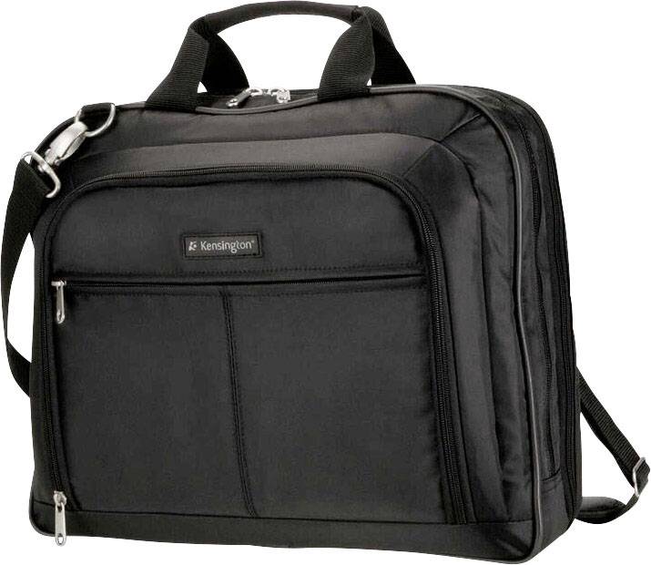 Schwarze Laptoptasche mit zwei Griffen, verstellbarem Schultergurt und mehreren Reißverschlusstaschen; praktisch für Reisen.