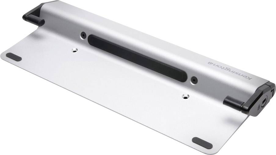 Ein silberner Laptop-Ständer mit schwarzem Gummipolster, das Geräte sicher hält. Entworfen, um Belüftung und Ergonomie zu verbessern.