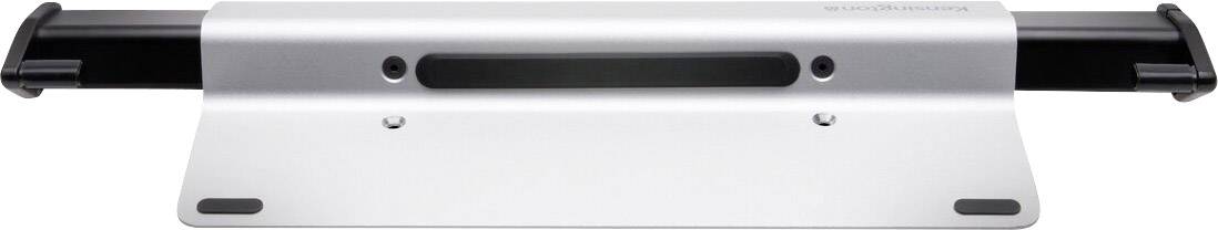 Ein silberner, flacher Laptop-Ständer mit schwarzem Griff, der Stabilität und Belüftung bietet.