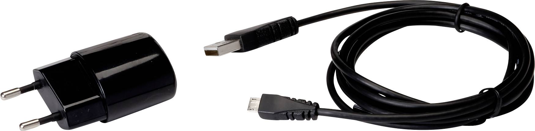 Schwarzes Netzteil mit EU-Stecker und USB-Kabel, geeignet zum Laden elektronischer Geräte.