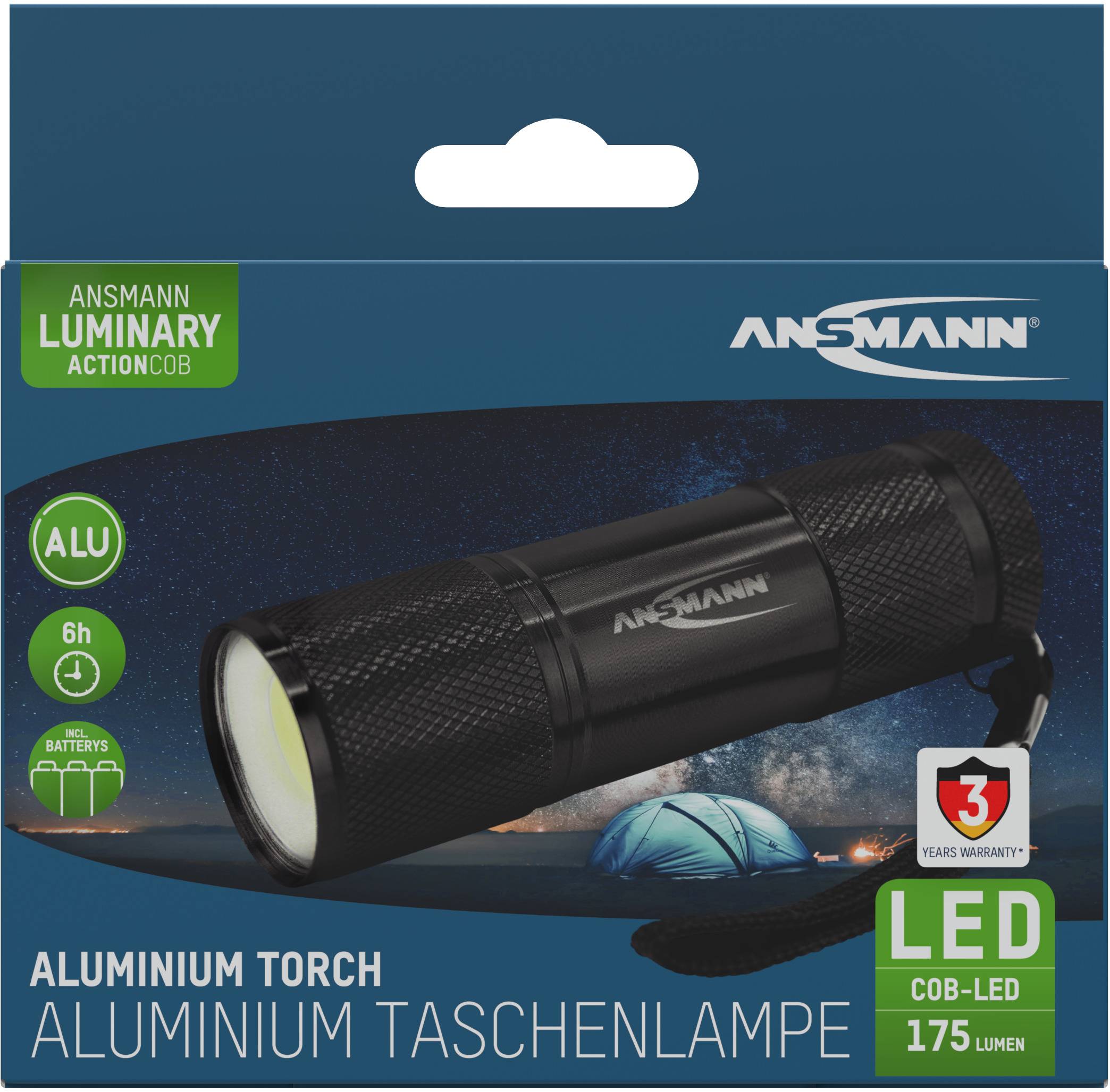 Aluminium Taschenlampe, 175 Lumen, 6 Stunden Laufzeit, mit Clip. Ideal für Camping oder Outdoor-Aktivitäten. 3 Jahre Garantie.