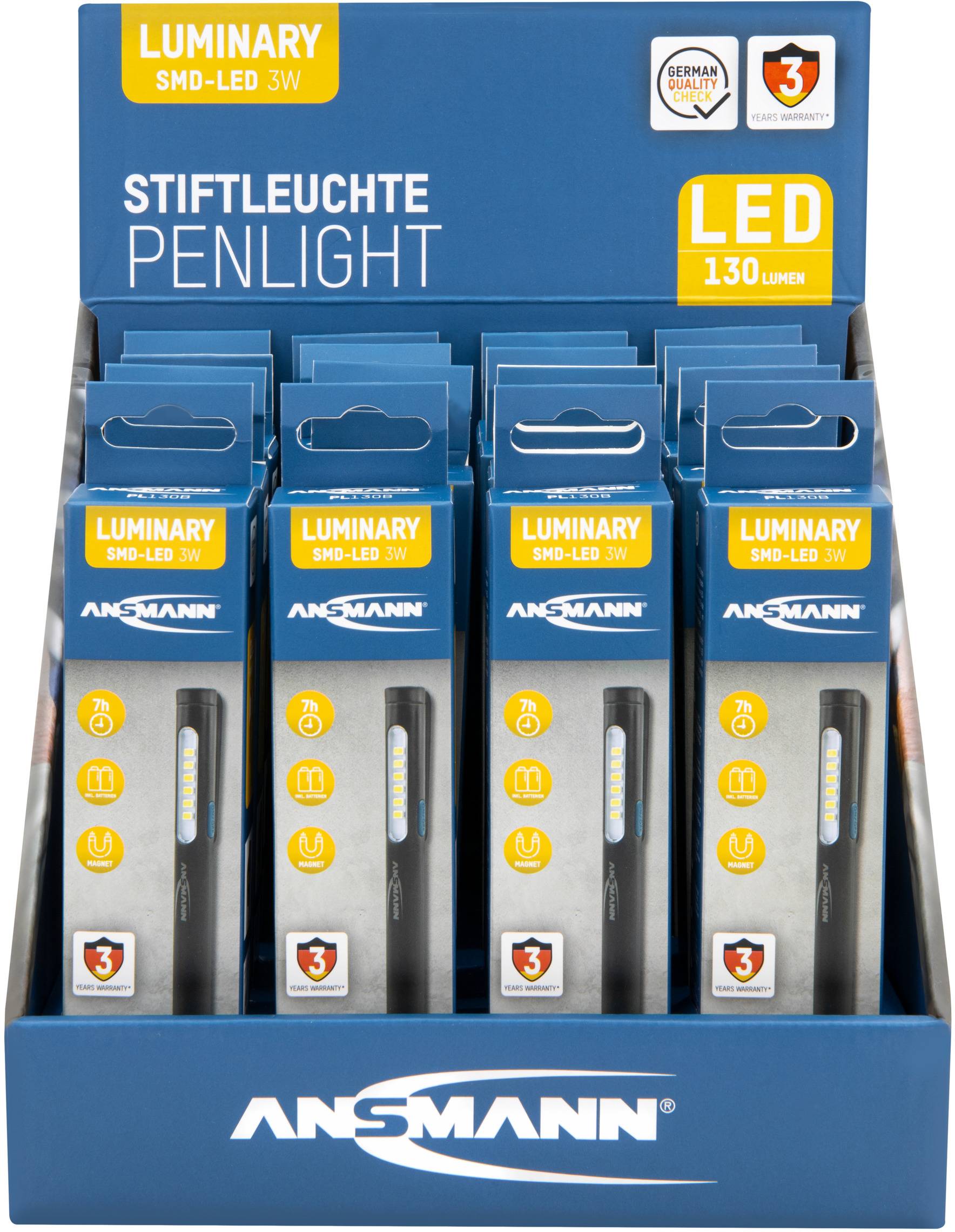 Schachtel mit mehreren blauen Verpackungen, die Ansmann Stiftleuchten (Penlights) zeigen. Oben ist der Text 'Luminary SMD-LED 3W'.