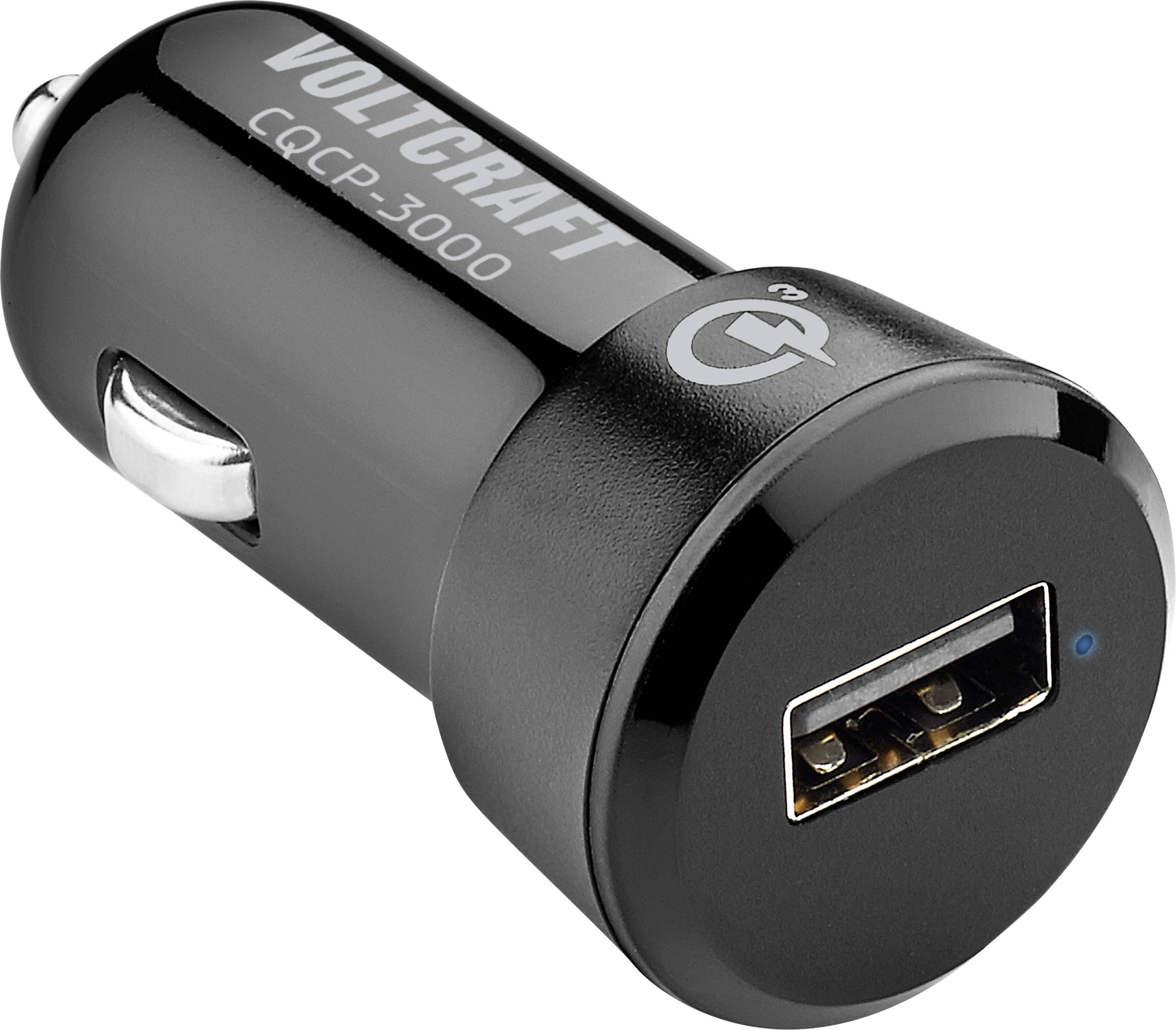 Schwarzer Kfz-USB-Ladeadapter mit USB-Anschluss und Aufschrift 'Voltcraft CQCP-3000'.