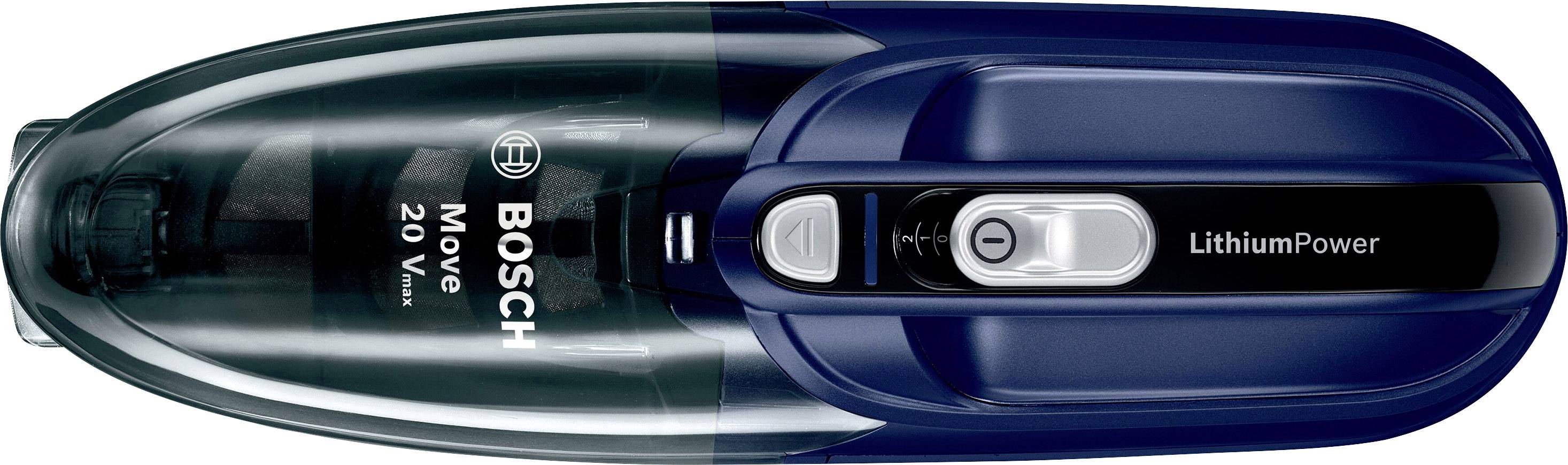 Beutelloser Handstaubsauger von Bosch, Modell 'Move 20V', mit Lithium-Power-Technologie, blau-schwarz. Draufsicht auf das Gerät.