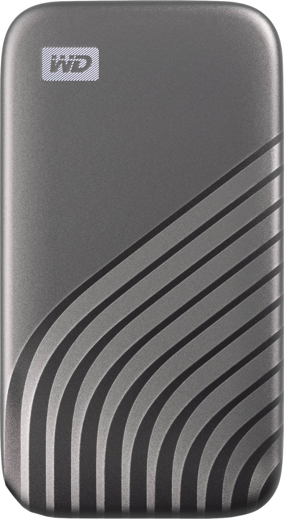 Eine tragbare externe Festplatte mit gebogenen Linien auf der Oberfläche. Das Logo 'WD' befindet sich oben links.