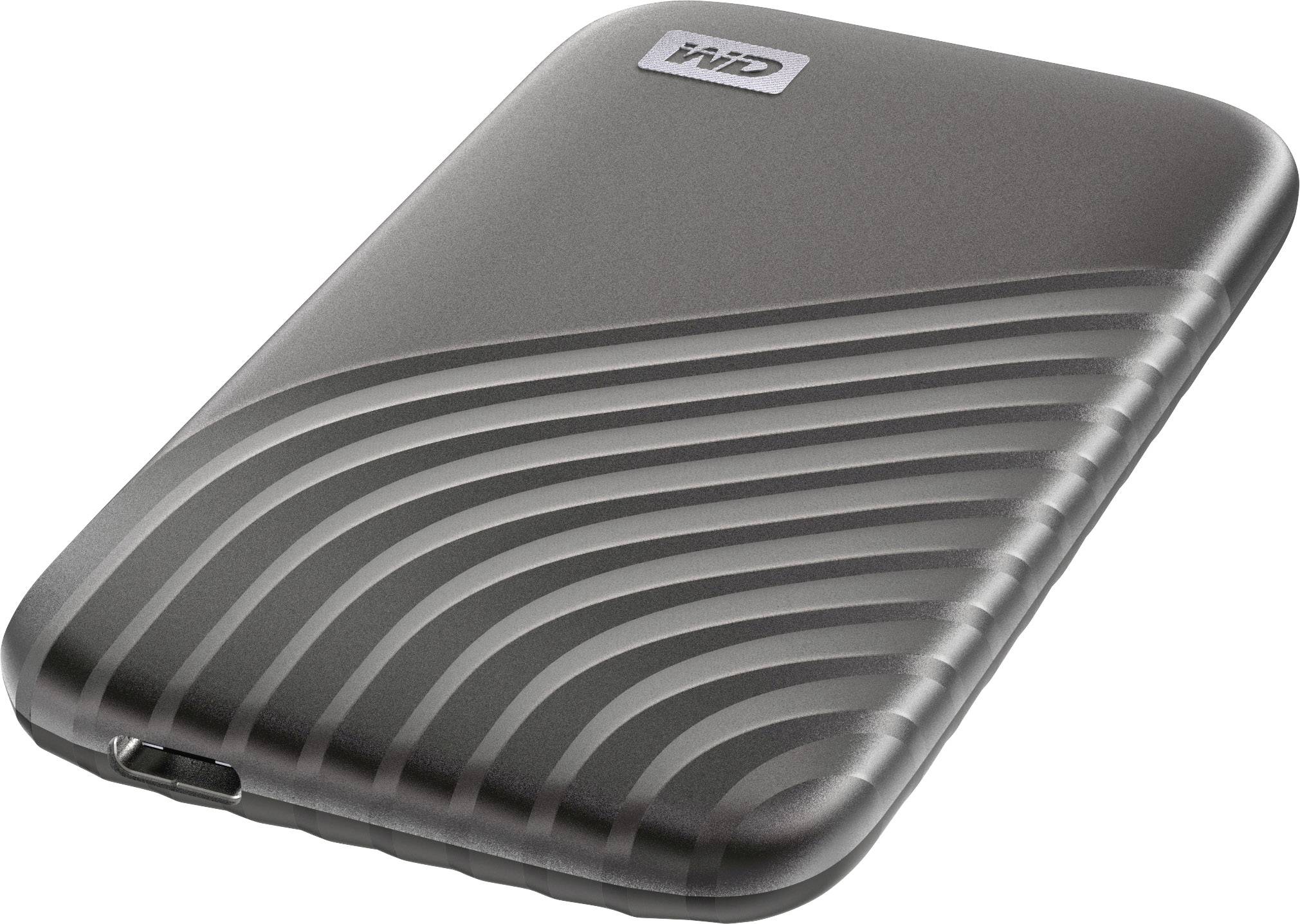 Externe Festplatte mit abgerundeten Ecken und wellenförmigem Design auf der Oberfläche. Die Marke ist mit 'WD' gekennzeichnet.
