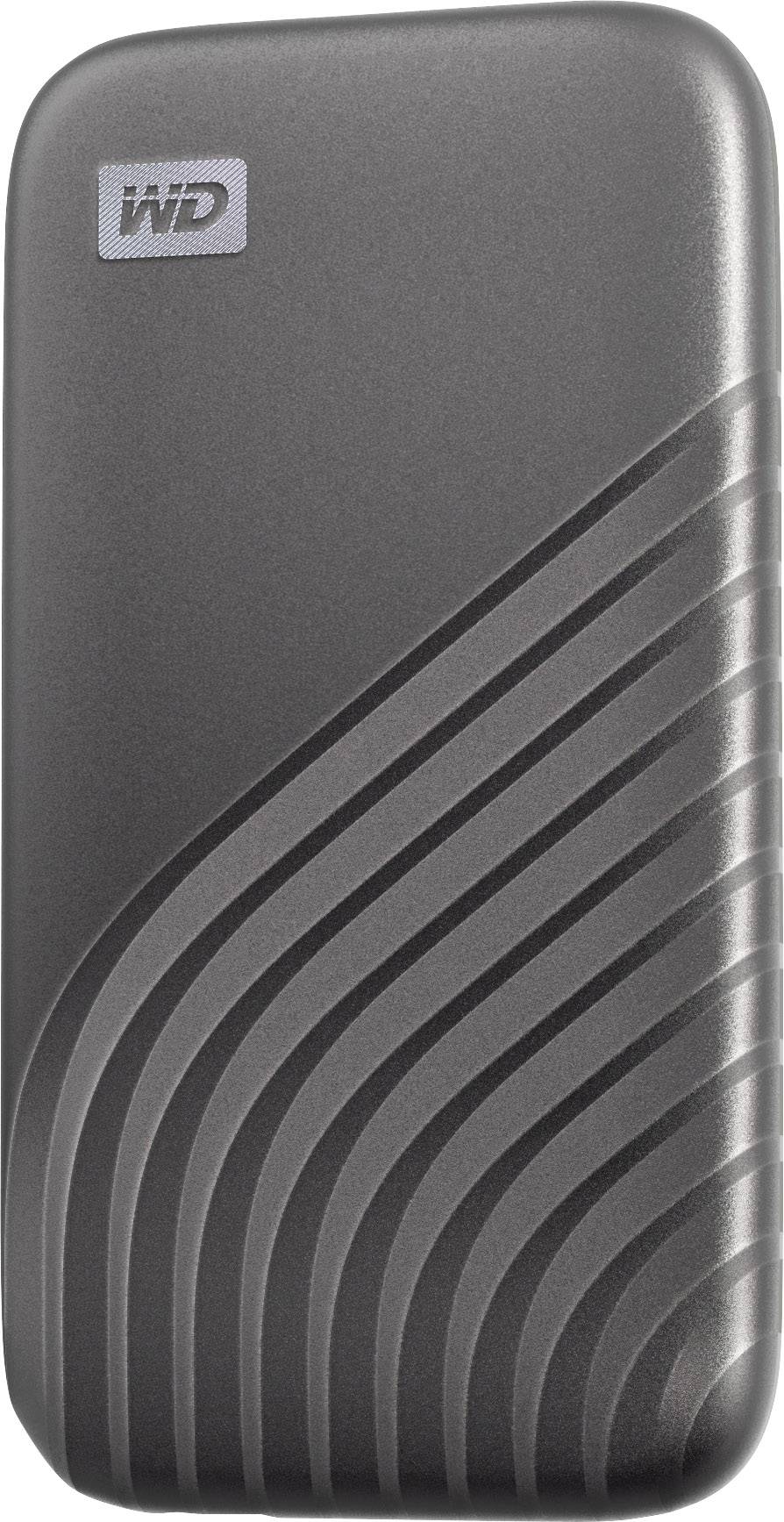Externe WD-Festplatte in mattem Schwarz mit geschwungenem Design auf der Vorderseite.