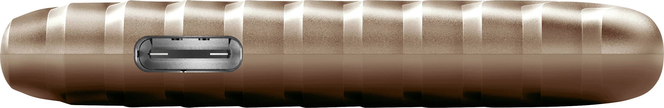 Ein kupferfarbener, tragbarer externer Akku mit geriffeltem Design, USB-C-Anschluss auf der Vorderseite sichtbar.