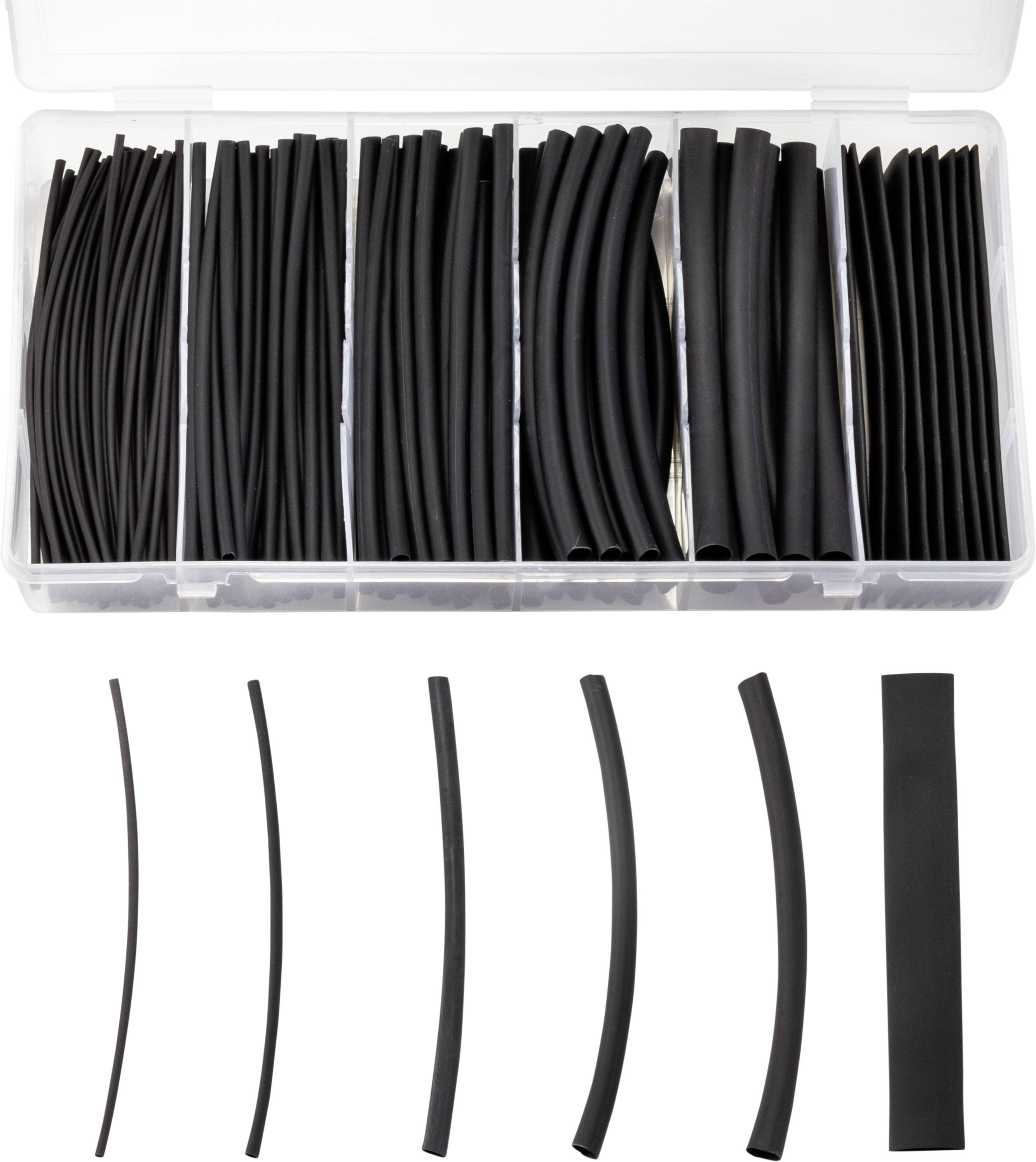 Schwarz isoliert Schrumpfschlauch-Set in verschiedenen Größen in einer transparenten Box; geeignet für Kabelschutz und -reparaturen.