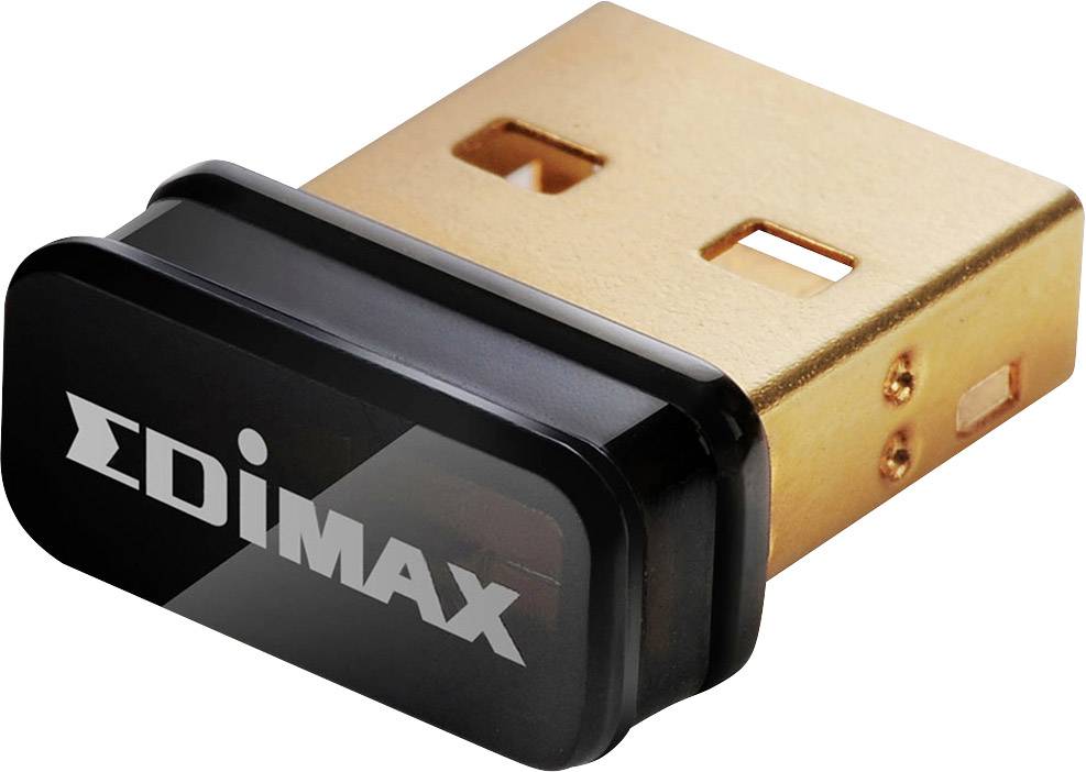 Ein schwarzer USB-Dongle von Edimax mit goldfarbenem Anschluss, geeignet für kabellose Verbindungen an Computern.