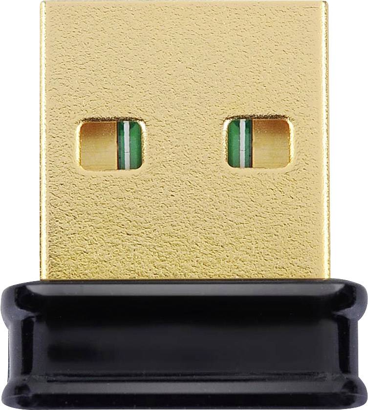 Ein kleiner, goldfarbener USB-Dongle mit schwarzem Kunststofffuß, hauptsächlich für kabellose Verbindungen verwendet.