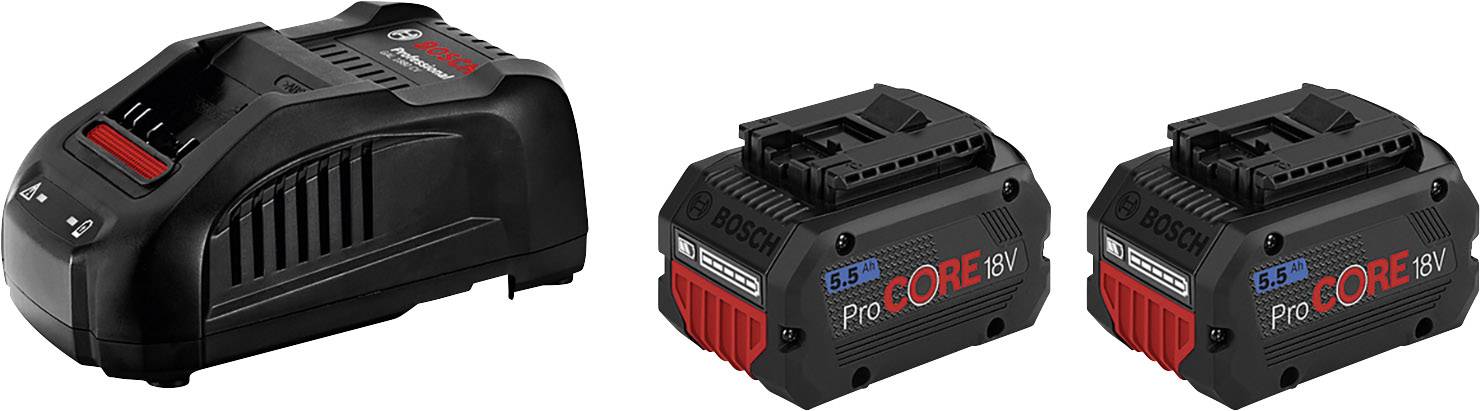Ladegerät mit zwei Bosch ProCORE 18V Akkus, geeignet für Elektrowerkzeuge.
