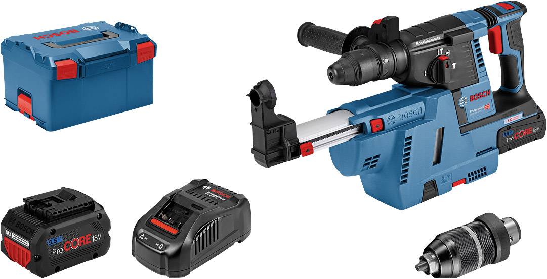 Bohrmaschine-Set mit Akku-Bohrhammer, Ladegerät, Akku, Bohrfutter und Tragekoffer. Bosch-Logo auf Werkzeugen zu sehen.