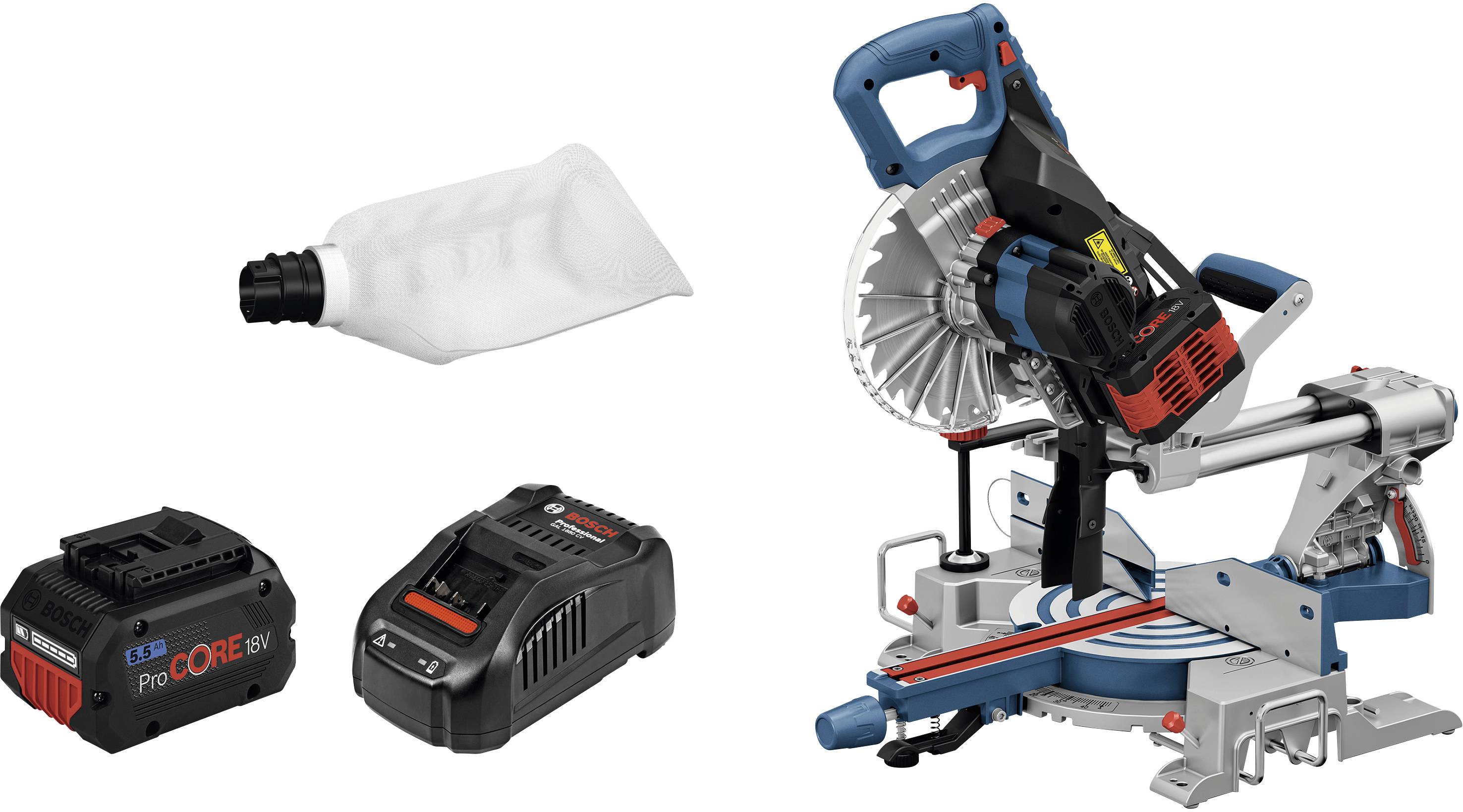 Bosch Professional BITURBO GCM 18V-216 + 2xPC 5.5Ah + GAL1880 CV Akku-Kapp- und Gehrungssäge bürstenlos, inkl. 2. Akku, inkl. Ladegerät 216 mm 30