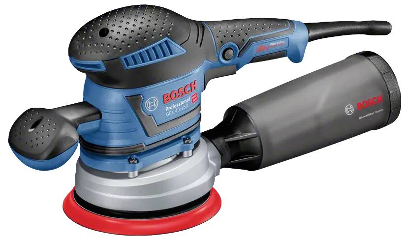 Bosch Professional Exzenterschleifer in blau-schwarzem Design mit angebrachtem Staubbeutel, verwendet zum glatten Schleifen von Oberflächen.