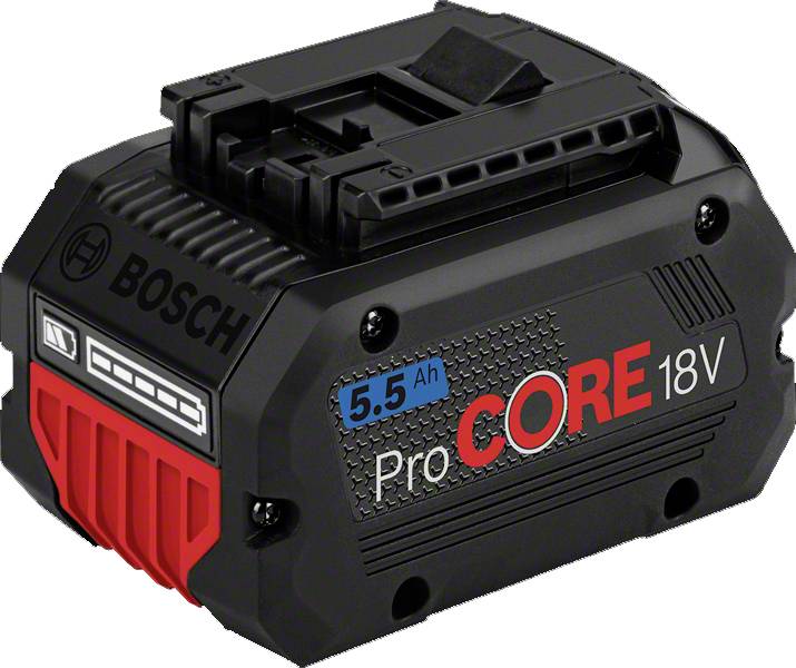 Ein schwarzer Bosch ProCORE 18V Akku mit 5,5 Ah Kapazität.