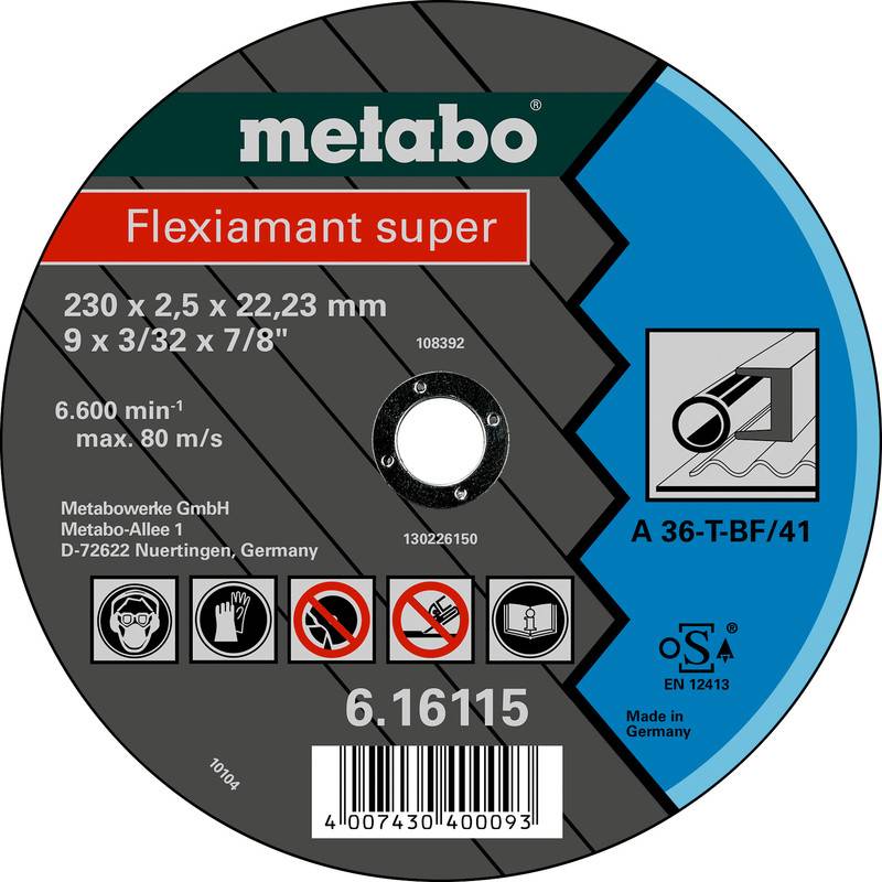 Metabo Flexiamant super Schleifschneidscheibe, mit Angaben von 230 x 2,5 x 22,23 mm, max 6.600/min und Sicherheitssymbolen.