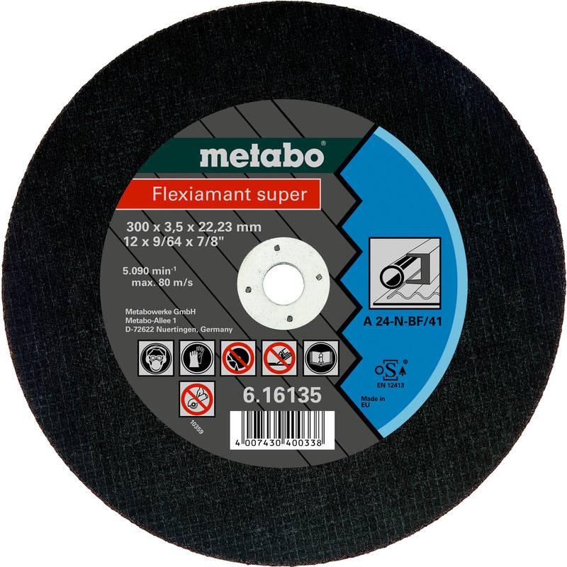 Rundes Metabo Flexiamant Super Schleifteller-Etikett mit Produktgröße, Drehzahlangabe, Sicherheitssymbolen und Barcode.