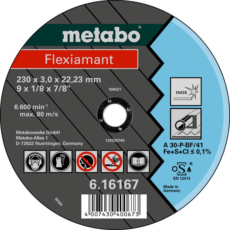 Metabo Flexiamant Schleiftrennscheibe Etikett, 230 x 3,0 x 22,23 mm, für INOX; zeigt max. 6.600 U/min und Sicherheitssymbole.